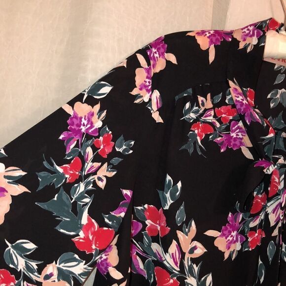 EVRI 2X Black Fuchsia Pink Green Wt Floral Neck Tie Long Sleeve Pullover Blouse - Picture 7 of 14